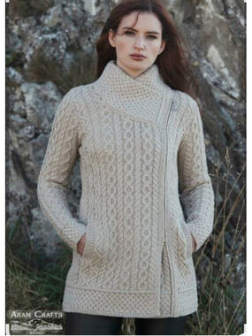 Aran Crafts Ireland Size Small Cable Knit Merino Wool Side Zip Sweater Coat Grey